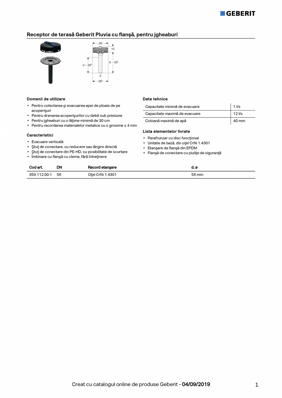 Pagina 1-Receptor de terasa Geberit Pluvia cu flansa, pentru jgheaburi - capacitatea de evacuare -12l GEBERIT...