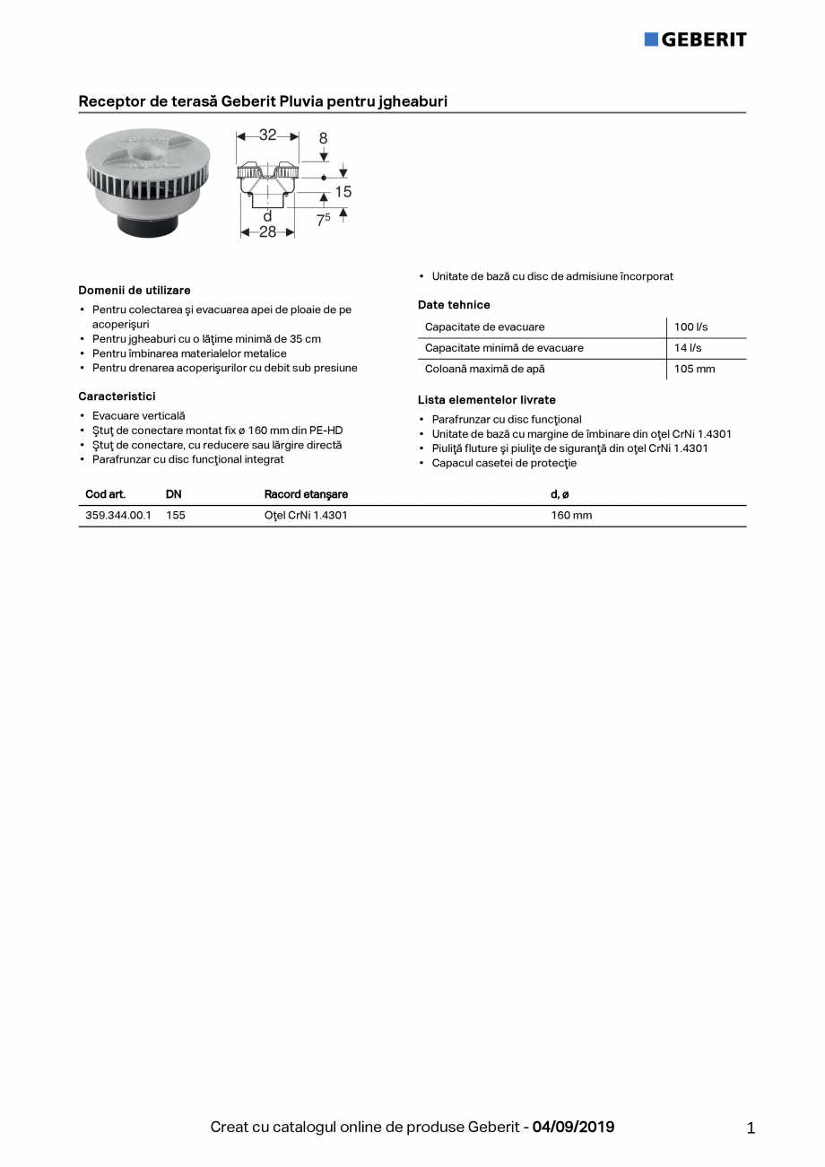 Pagina 1-Receptor de terasa Geberit Pluvia pentru jgheaburi - capacitatea de evacuare 100l GEBERIT Fisa...