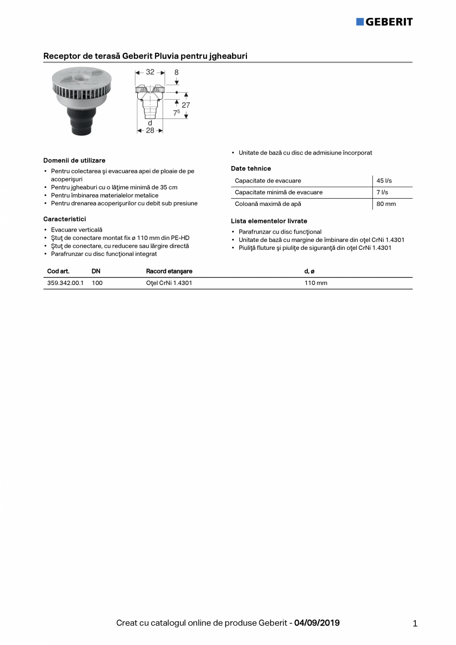Pagina 1-Receptor de terasa Geberit Pluvia pentru jgheaburi - capacitate de evacuare -45l GEBERIT Fisa...