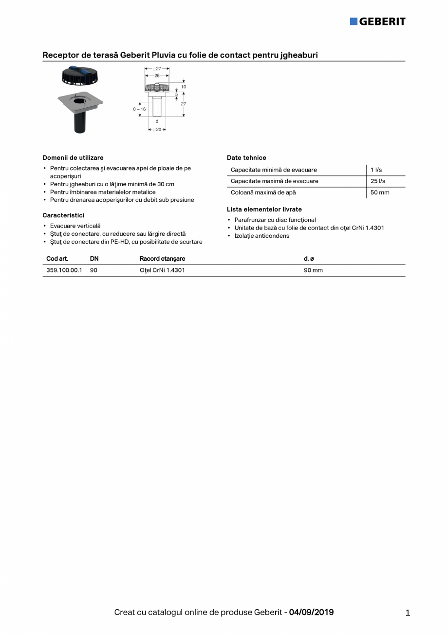 Pagina 1-Receptor de terasa Geberit Pluvia cu folie de contact pentru jgheaburi - capacitatea de evacuare...