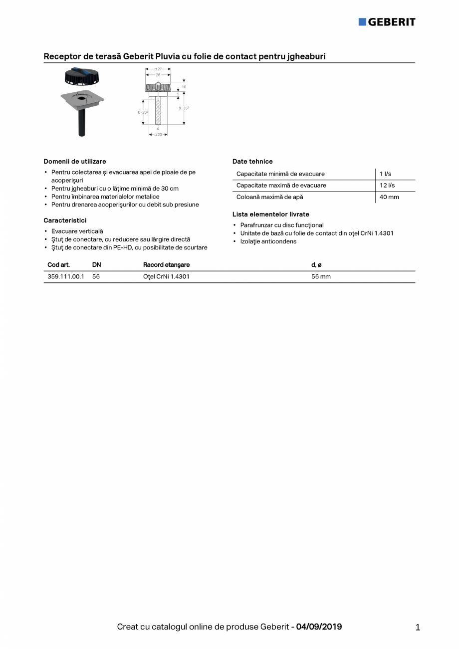 Pagina 1-Receptor de terasă Geberit Pluvia cu folie de contact pentru jgheaburi - capacitatea de evacuare...
