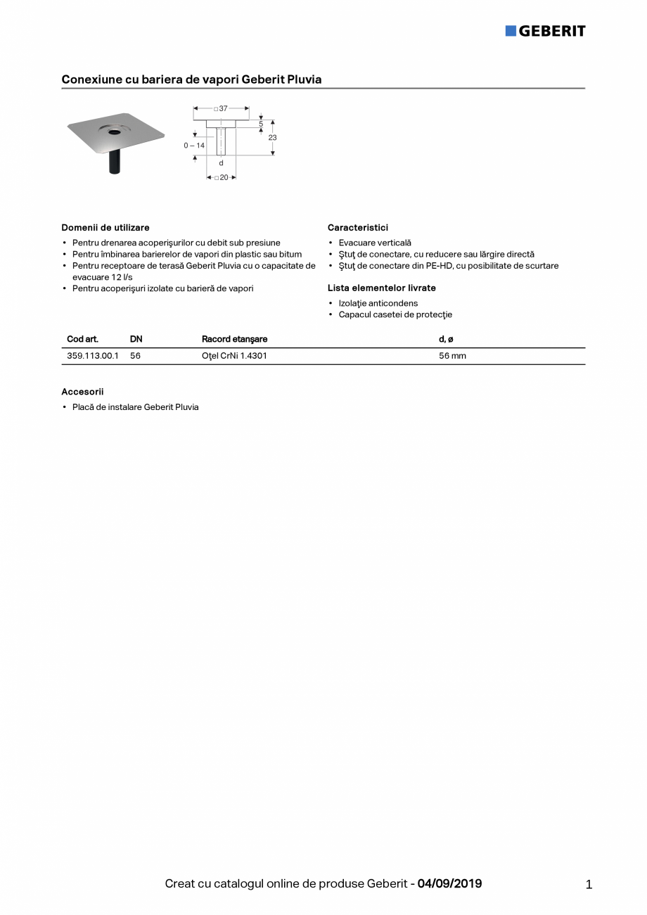 Pagina 1-Conexiune cu bariera de vapori Geberit Pluvia - pt receptoare cu capac de evacuare 25l GEBERIT Fisa ...