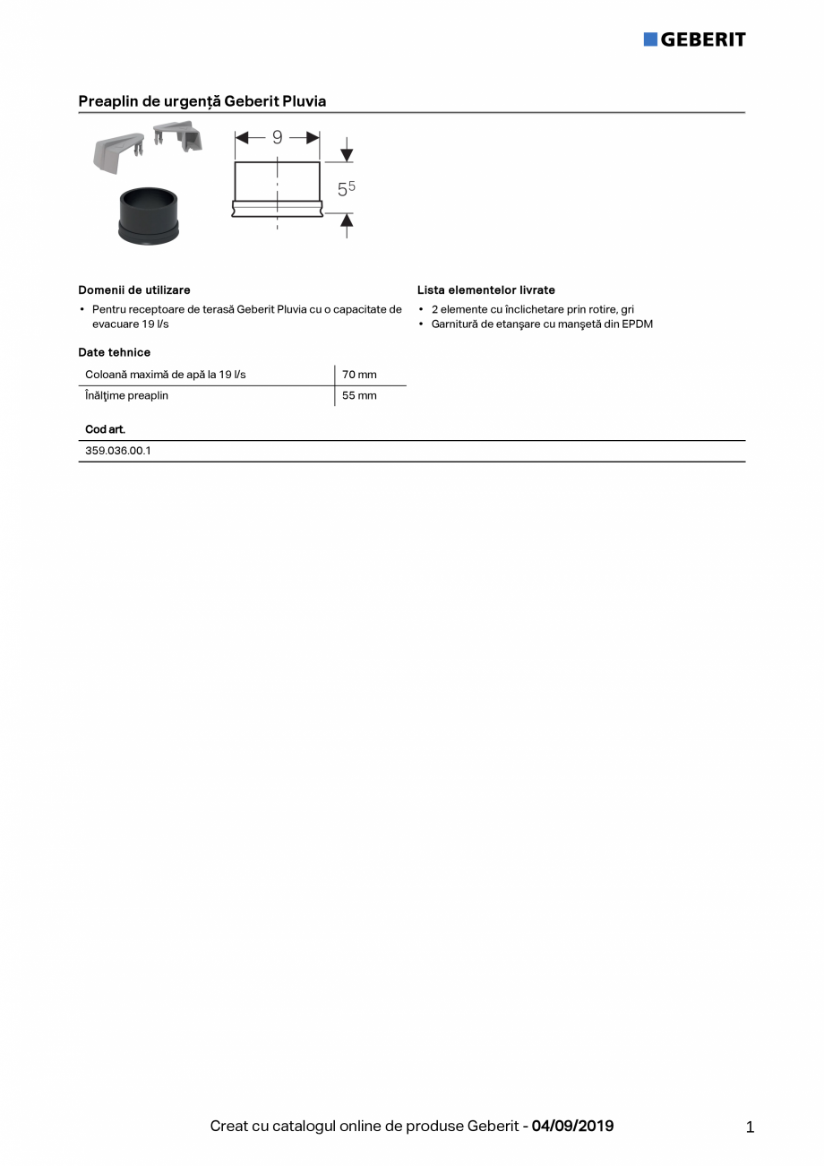 Pagina 1-Preaplin de urgenta Geberit Pluvia - coloana max de apa la 19l/s GEBERIT Fisa tehnica Romana...