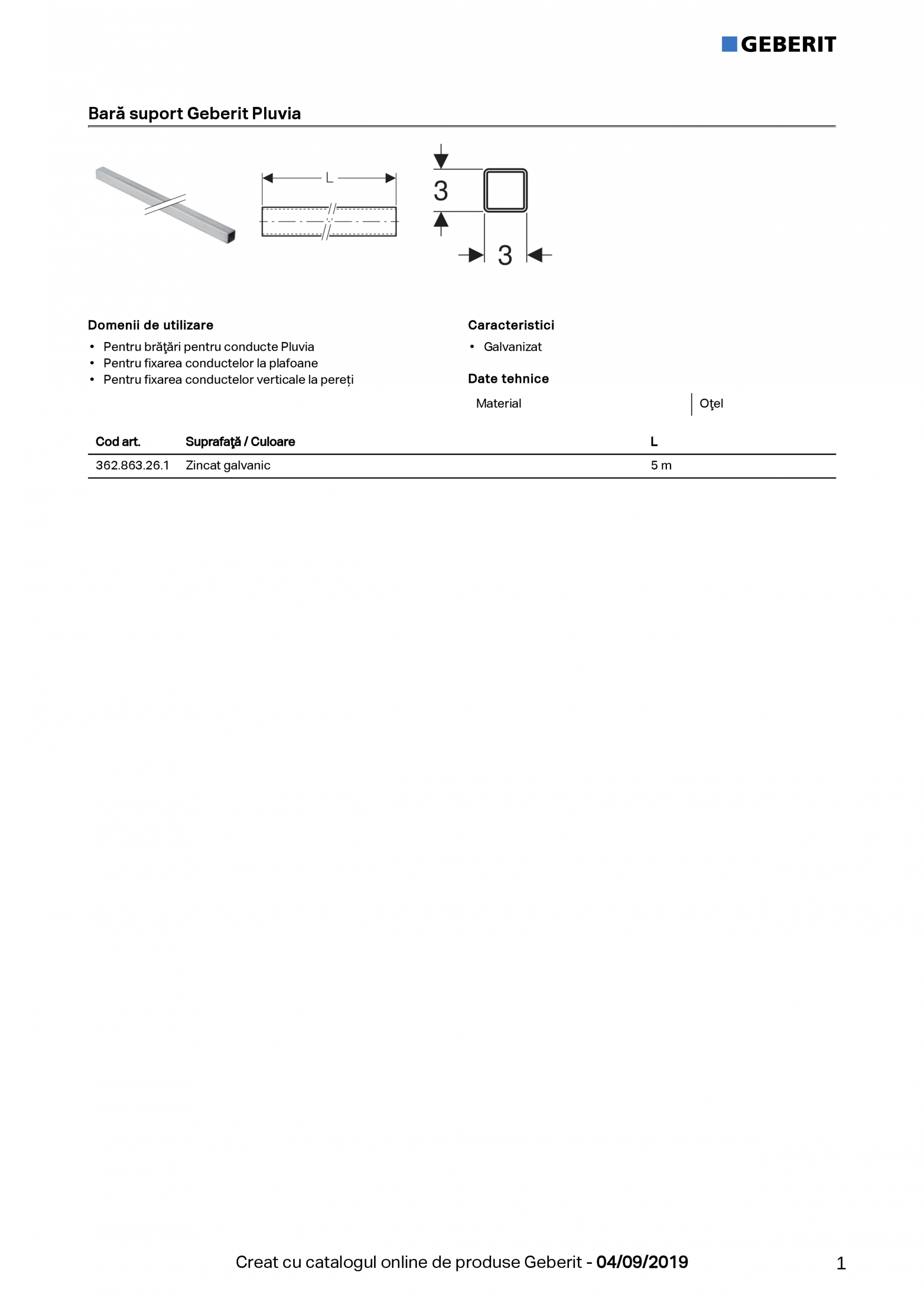 Bara suport Geberit Pluvia - L5m GEBERIT Fisa tehnica Romana