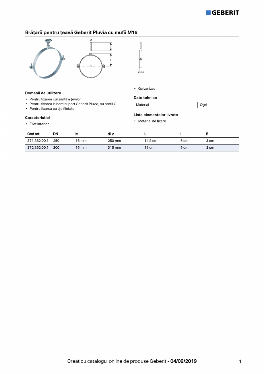 Pagina 1-Bratara pentru teava Geberit Pluvia cu mufa M16 GEBERIT Fisa tehnica Romana Brăţară pentru...