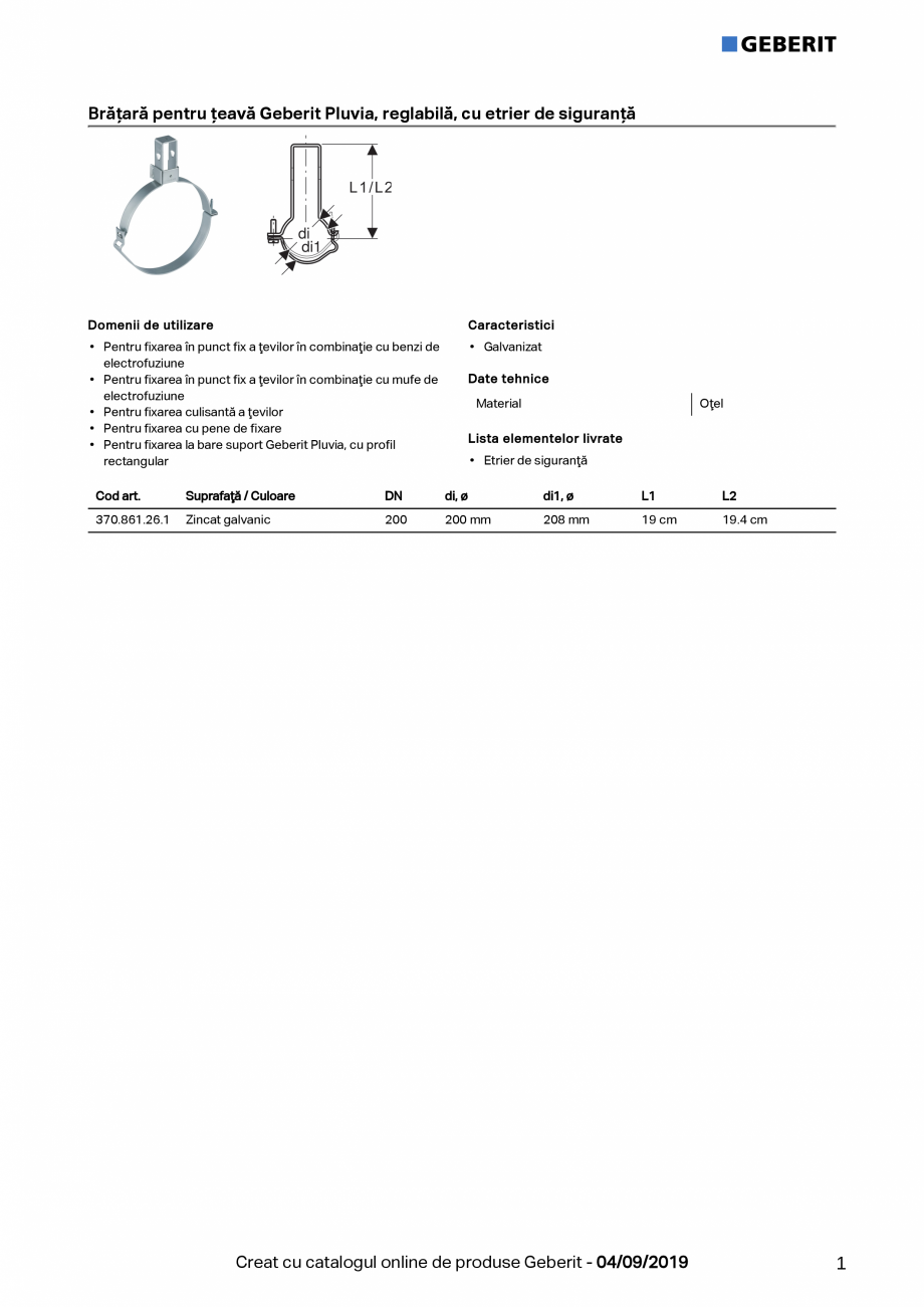 Pagina 1-Bratara pentru teava Geberit Pluvia, reglabilă, cu etrier de siguranta GEBERIT Fisa tehnica Romana ...