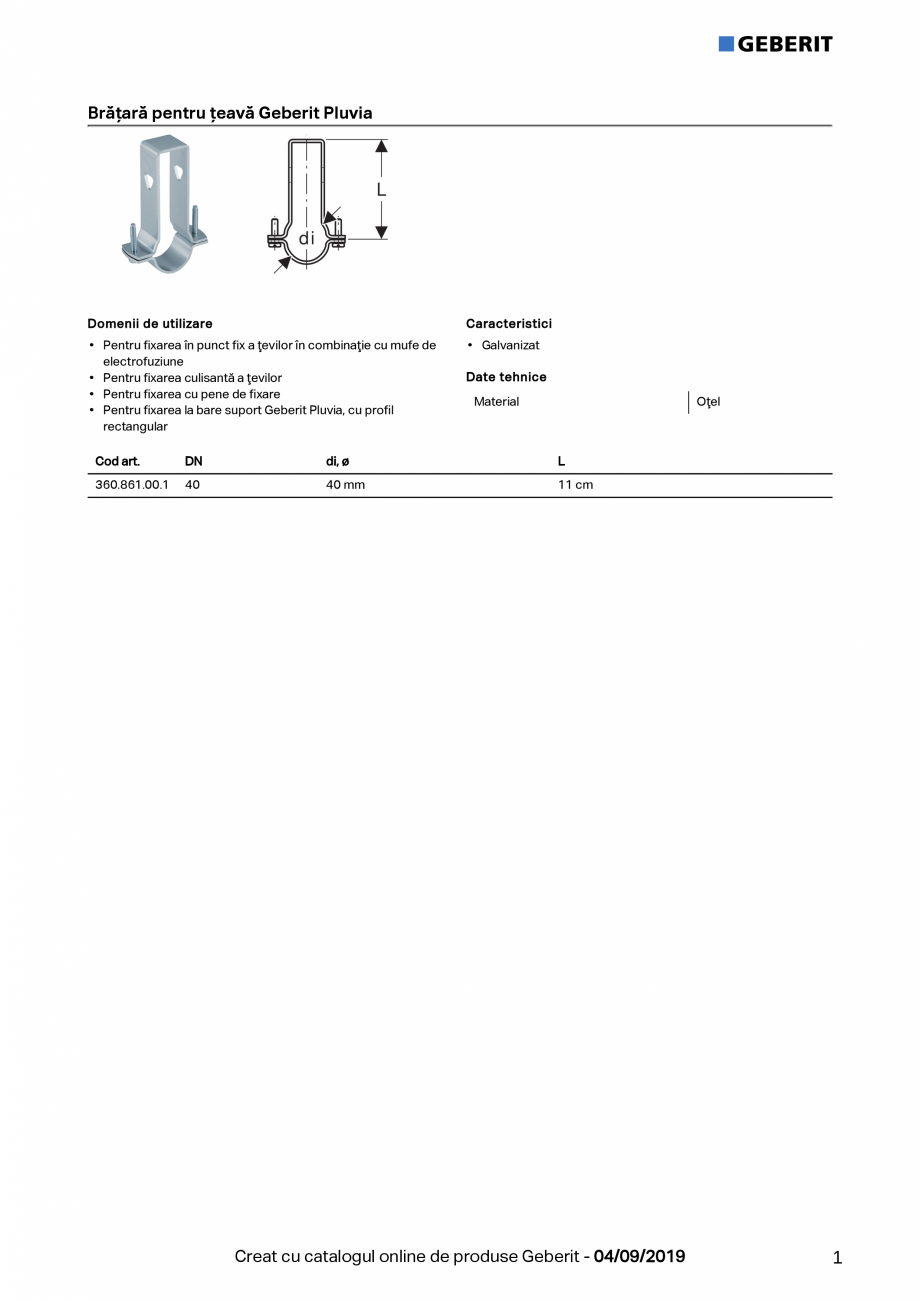 Pagina 1-Bratara pentru teava  GEBERIT Geberit Pluvia Fisa tehnica Romana Brăţară pentru ţeavă Geberit...