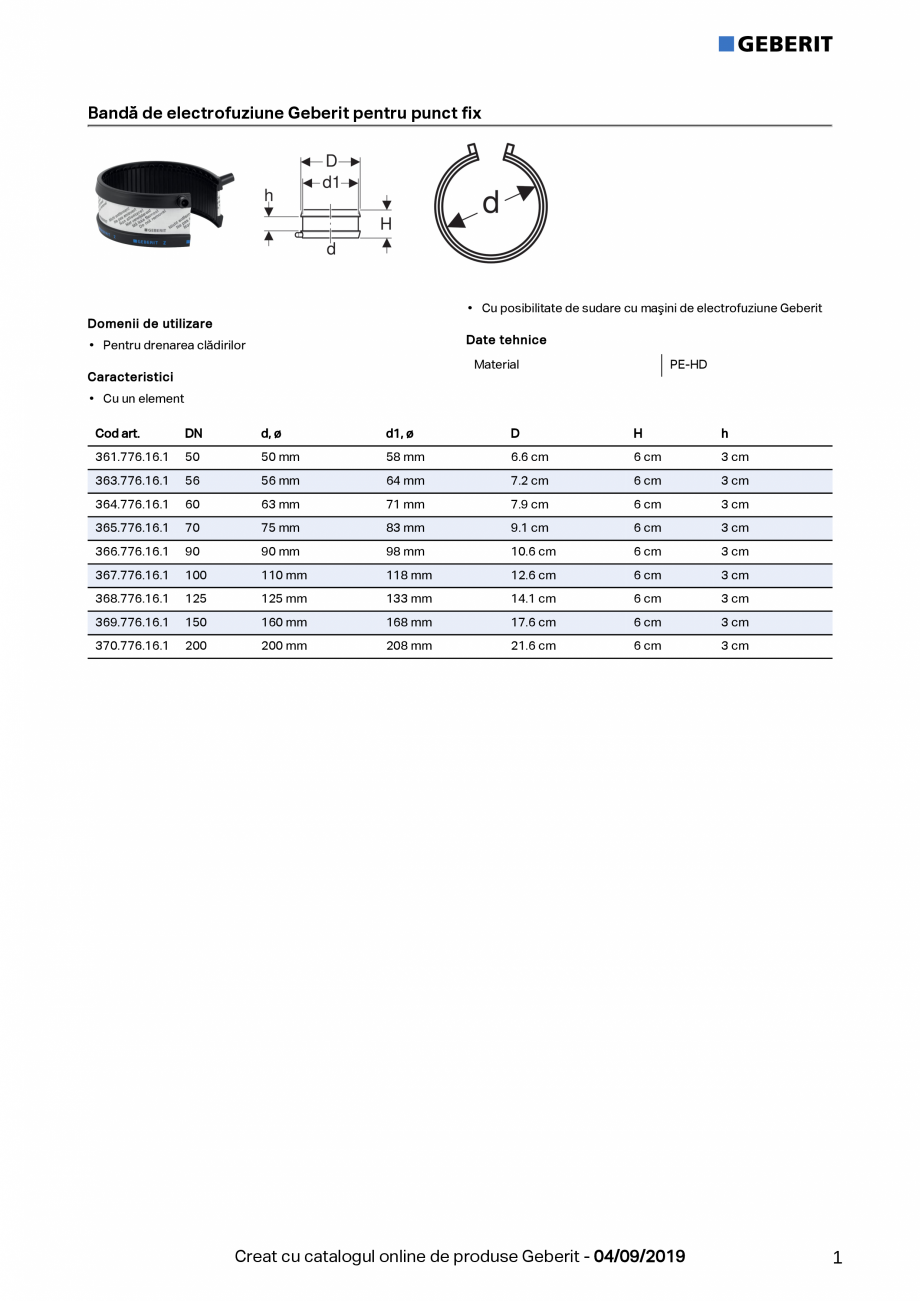 Pagina 1-Banda de electrofuziune Geberit pentru punct fix GEBERIT Geberit Pluvia Fisa tehnica Romana Bandă...