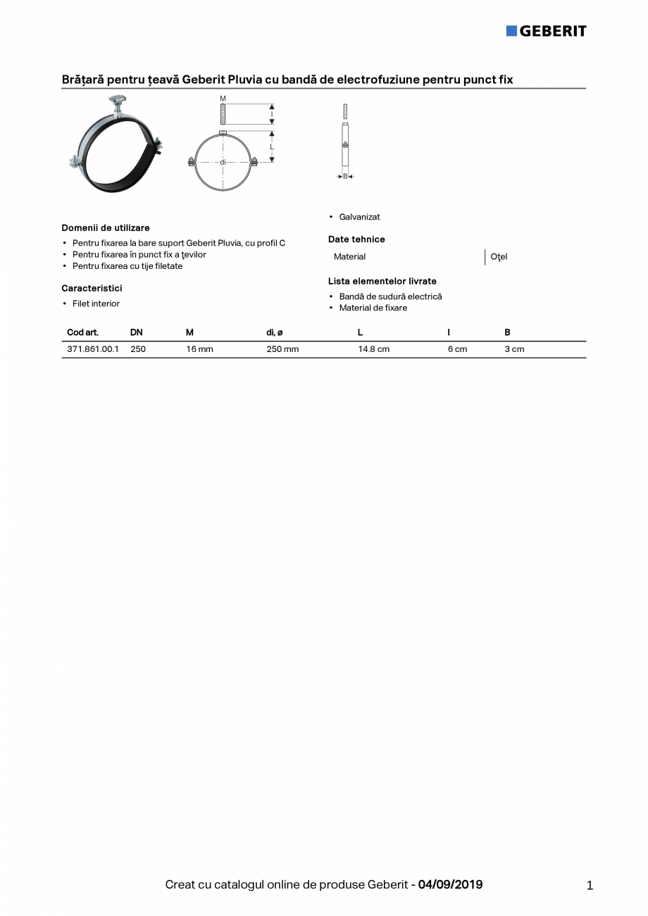 Pagina 1-Bratara pentru teava Geberit Pluvia cu banda de electrofuziune pentru punct fix GEBERIT Fisa tehnica...