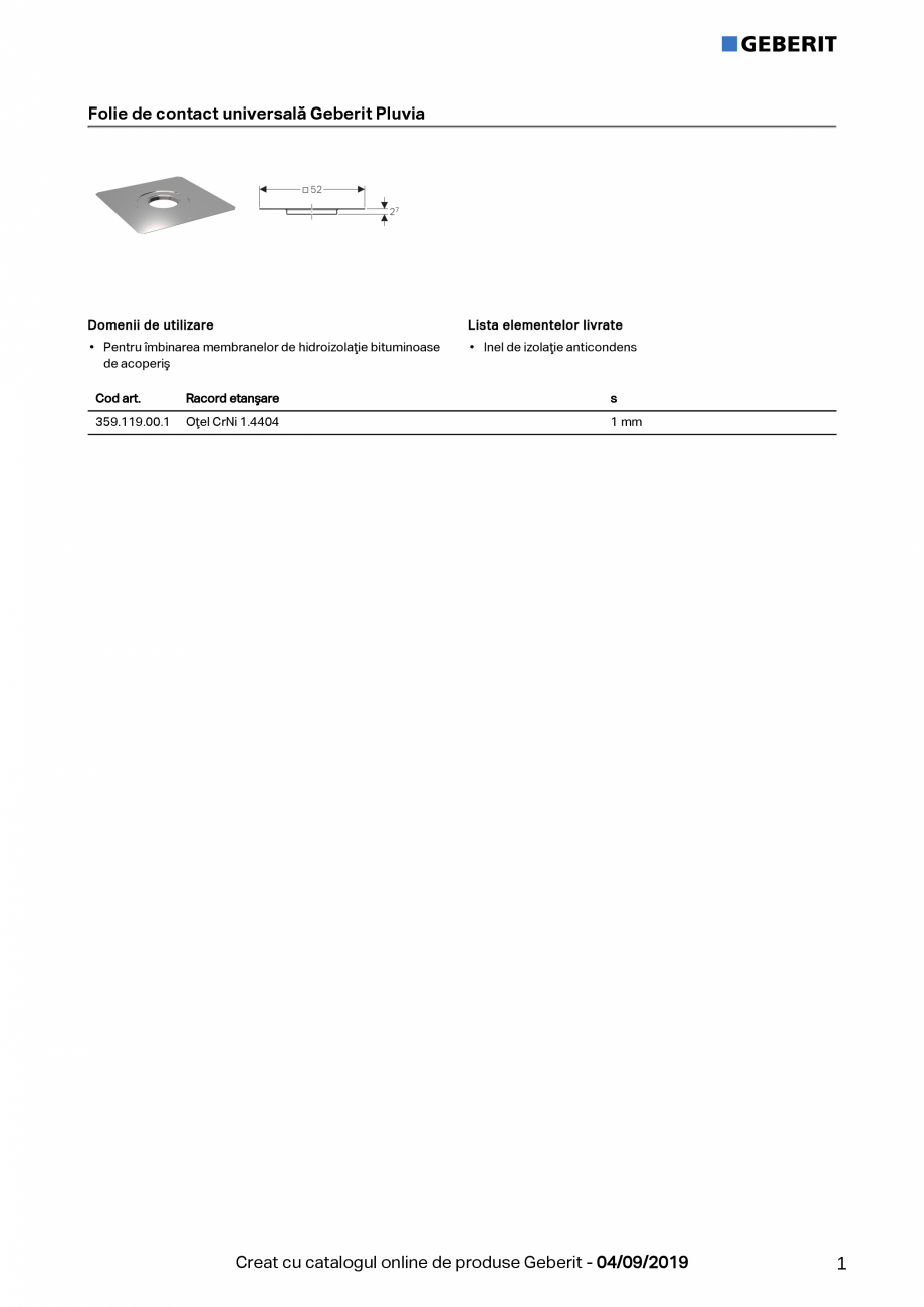 Pagina 1-Folie de contact universala  GEBERIT Geberit Pluvia Fisa tehnica Romana Folie de contact universală...