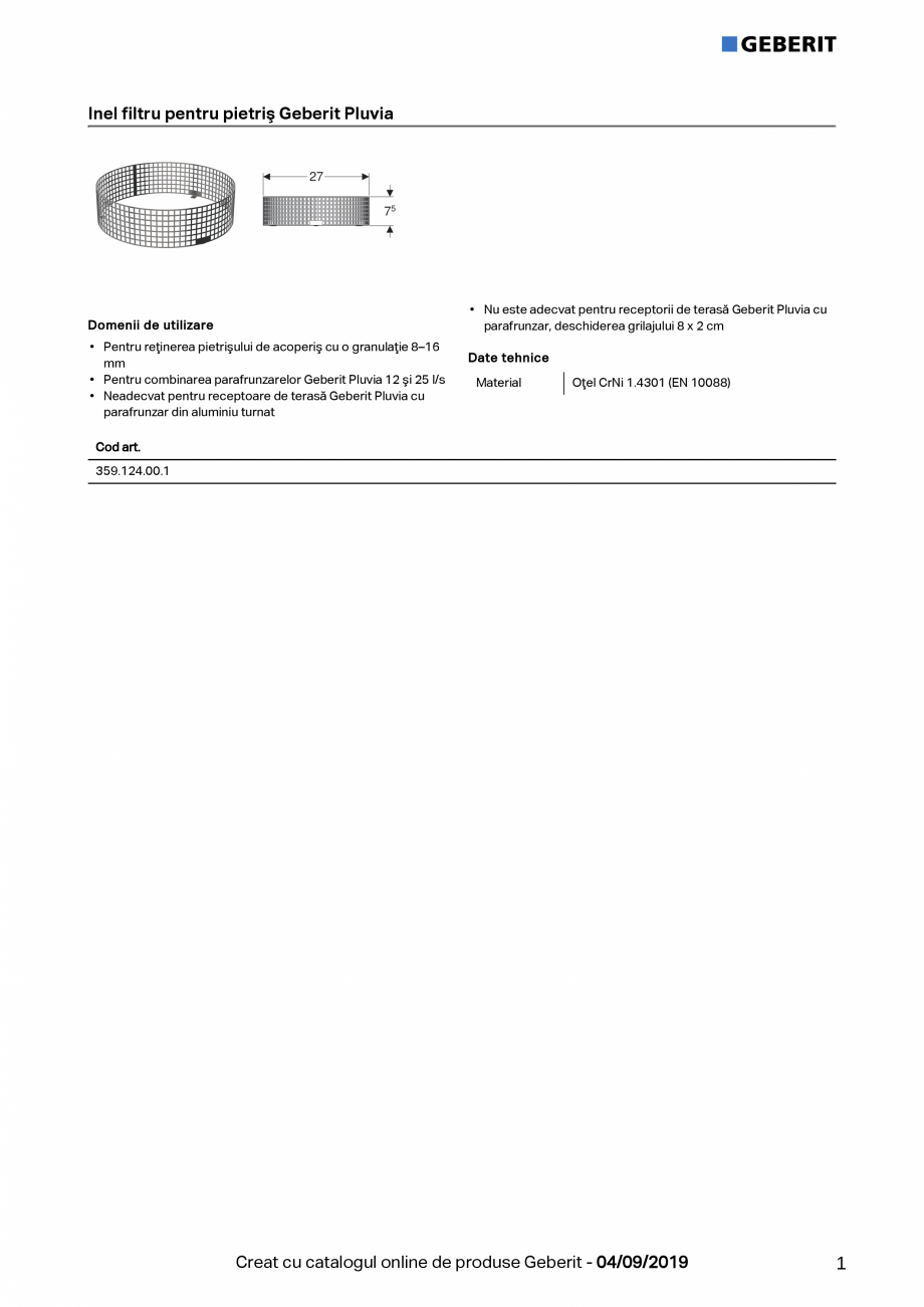 Pagina 1-Inel filtru pentru pietris  GEBERIT Geberit Pluvia Fisa tehnica Romana Inel filtru pentru pietriş...
