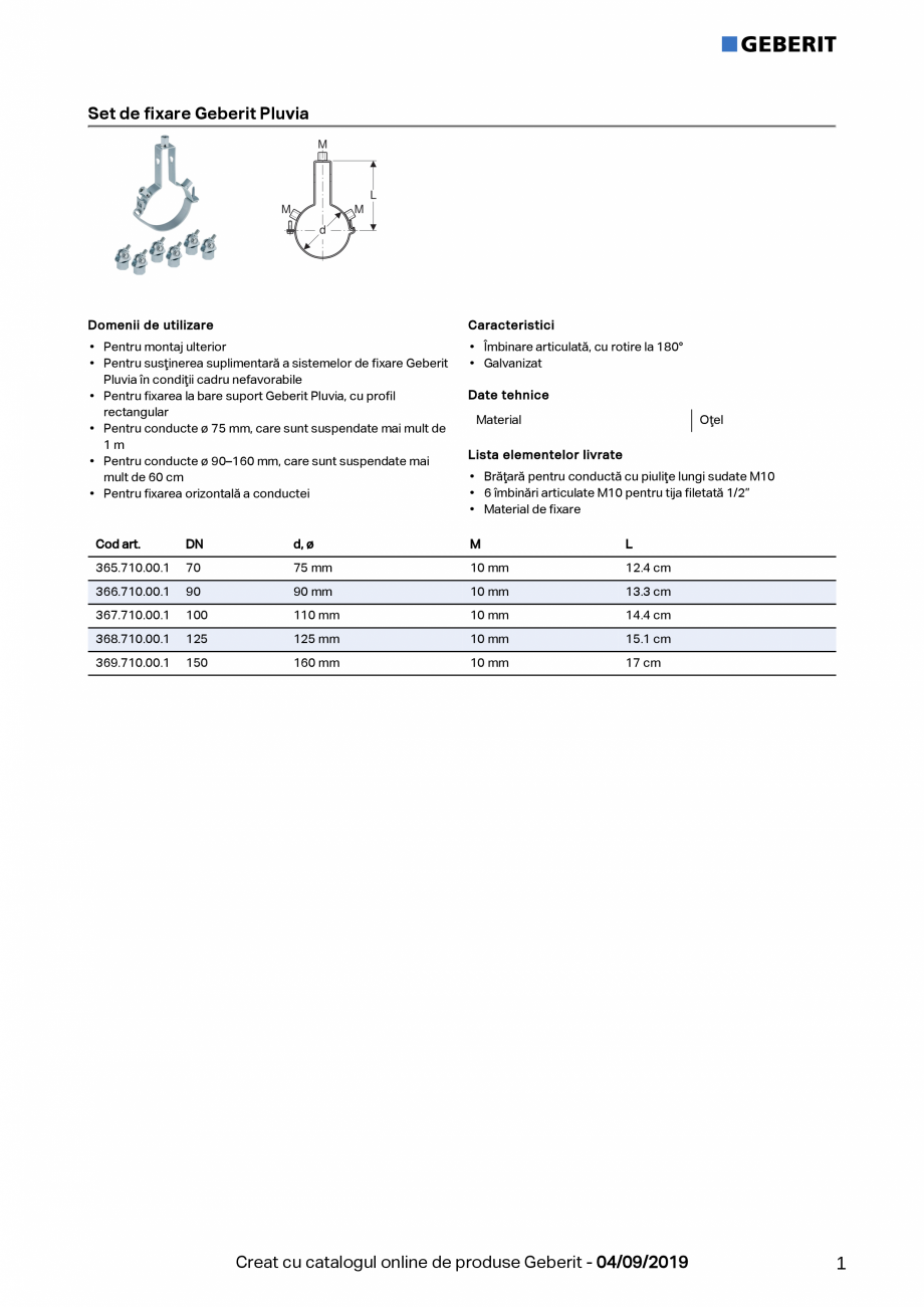 Pagina 1-Set de fixare Geberit Pluvia - pt conducte suspendate mai mult de 1m GEBERIT Fisa tehnica Romana Set...