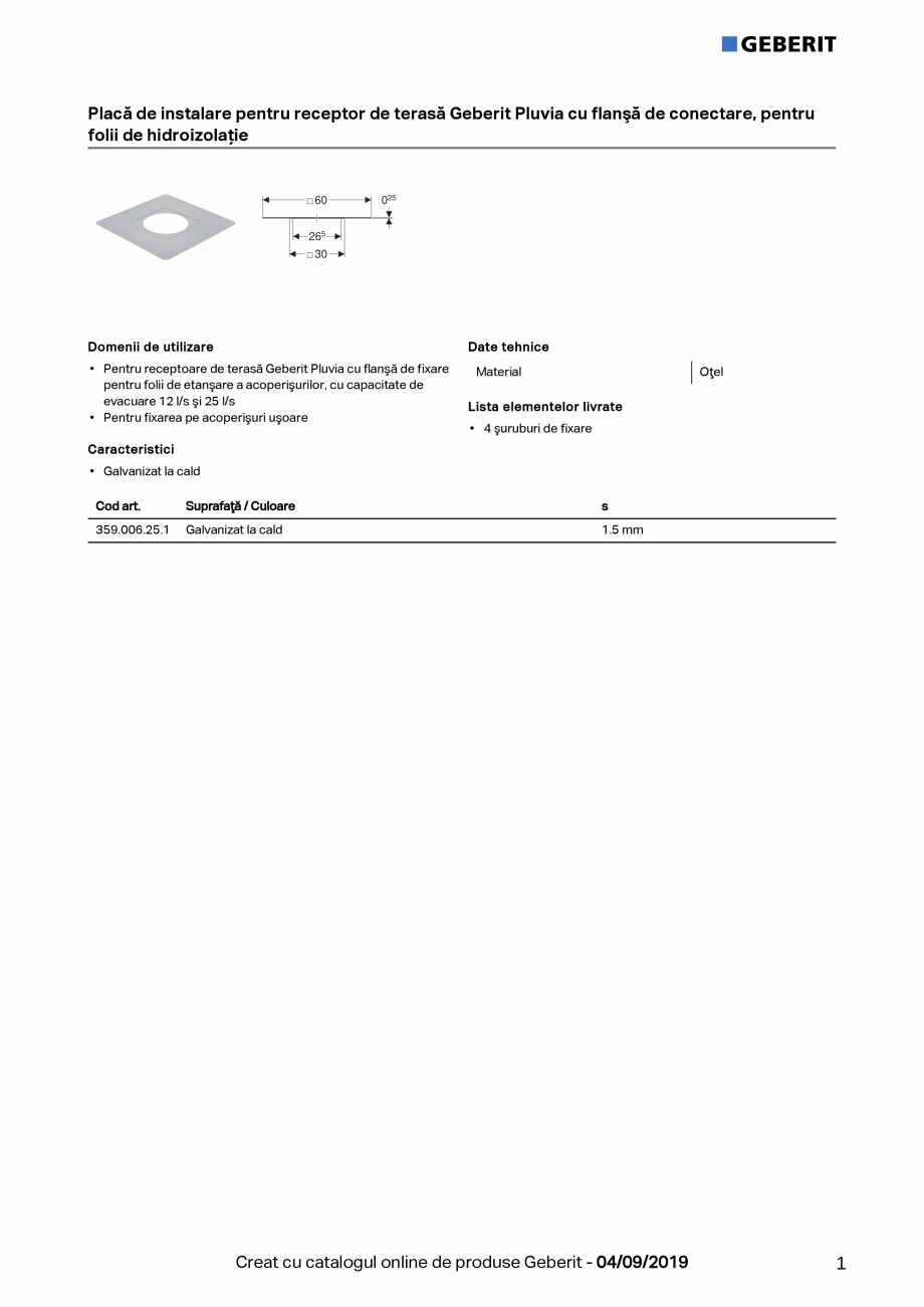 Pagina 1-Placa de instalare pentru receptor de terasa Geberit Pluvia cu flansa de conectare, pentru folii de ...