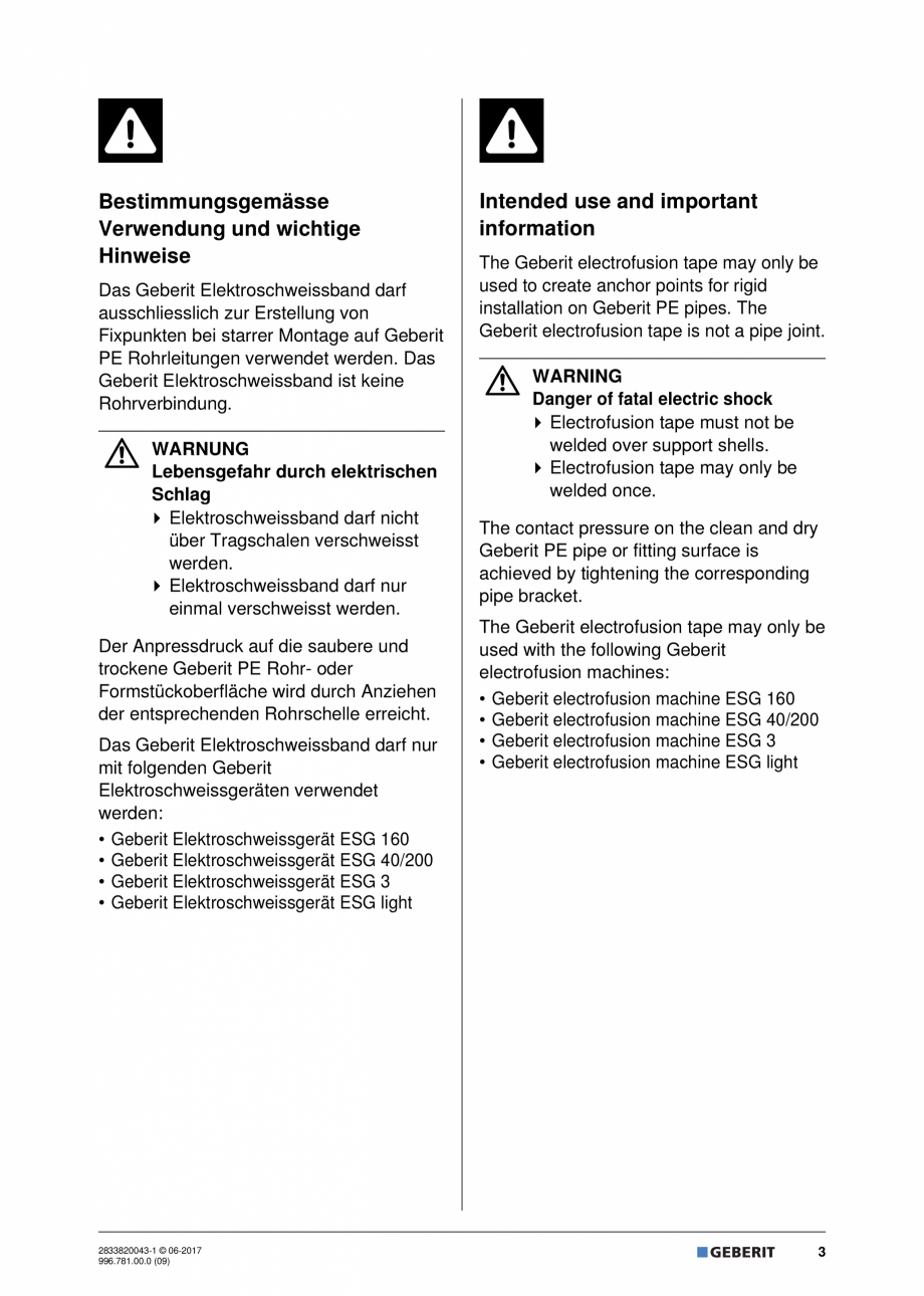 Pagina 3-Instructiuni de montare pentru banda de electrofuziune GEBERIT Geberit Pluvia Instructiuni montaj,...