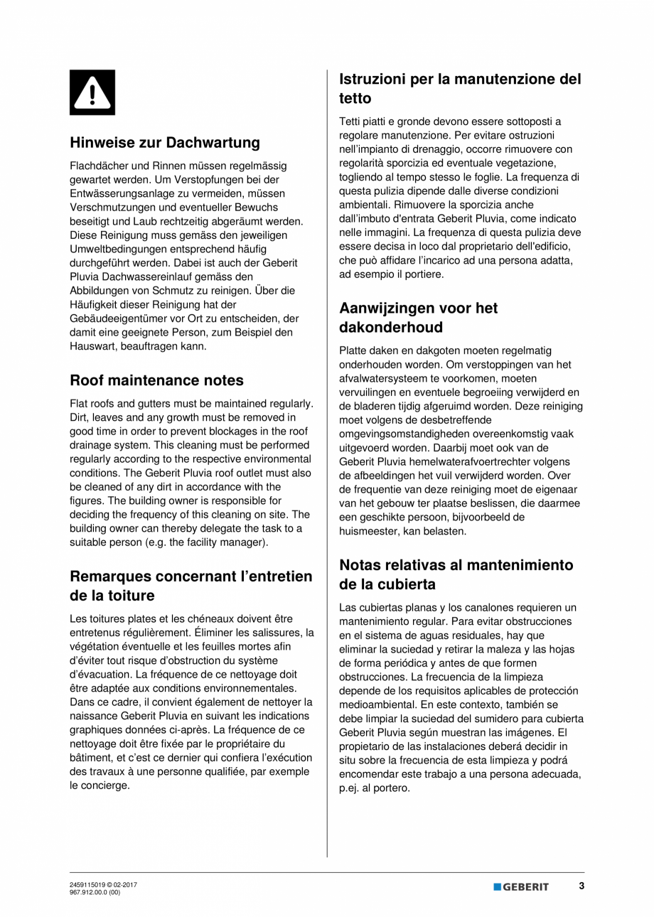 Pagina 3 - Instructiuni de intretinere pentru setul de completare, care suporta greutate GEBERIT...