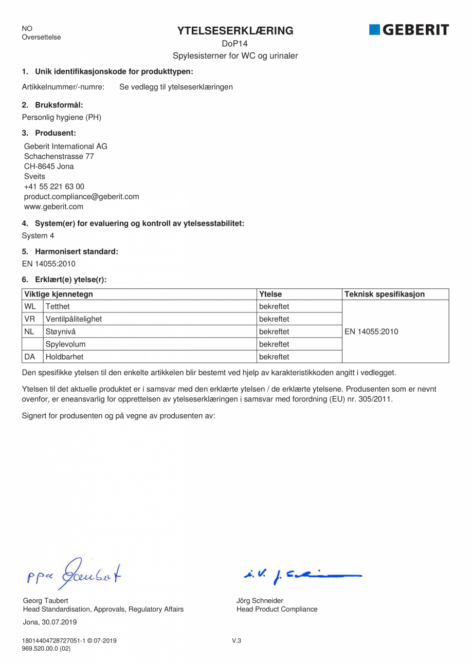 Pagina 10-Declaratie de performanta - rezervoare incastrate GEBERIT Delta, Sigma 12 , Omega, Duofix,  Sigma 8 ...
