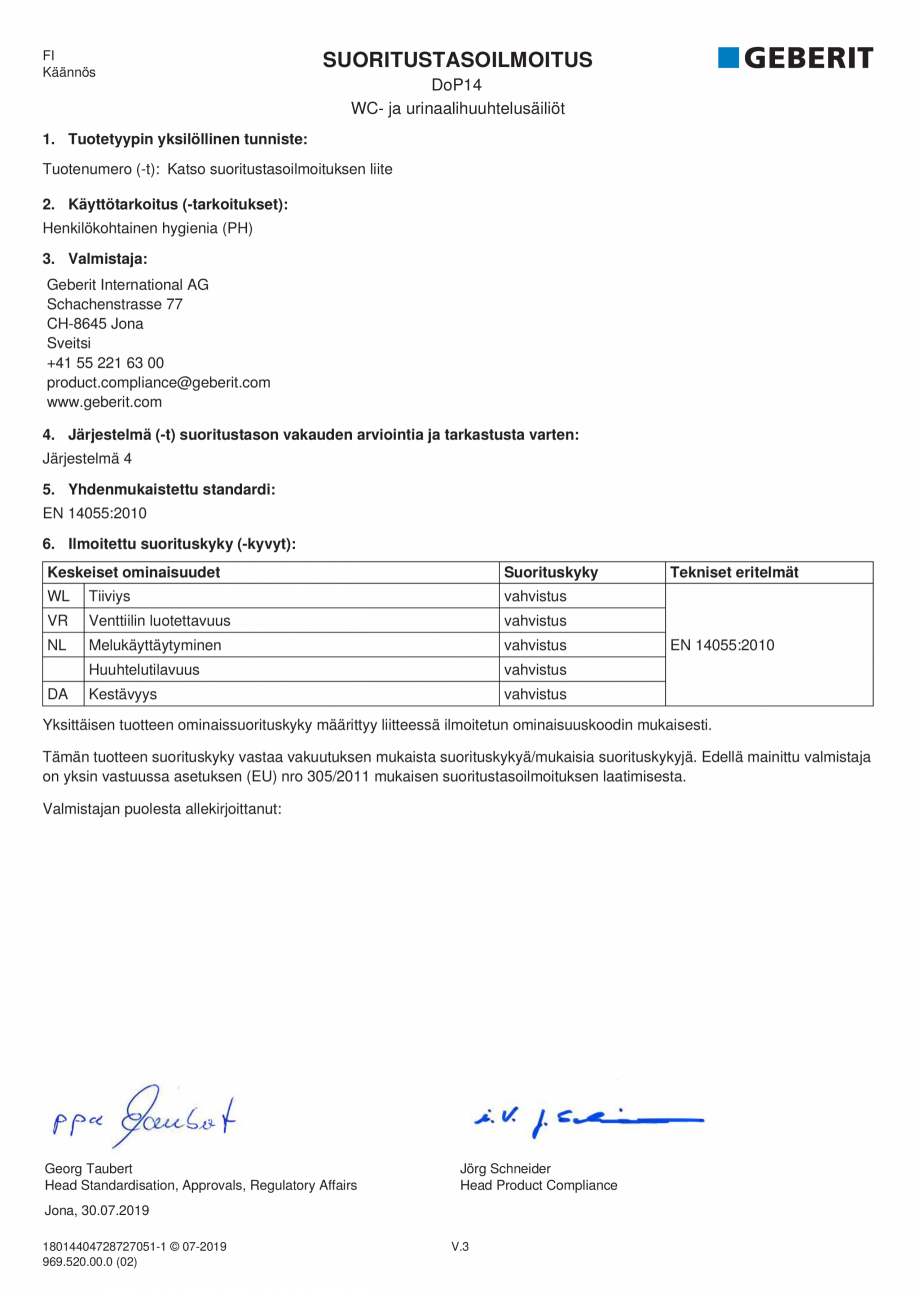 Pagina 11-Declaratie de performanta - rezervoare incastrate GEBERIT Delta, Sigma 12 , Omega, Duofix,  Sigma 8 ...