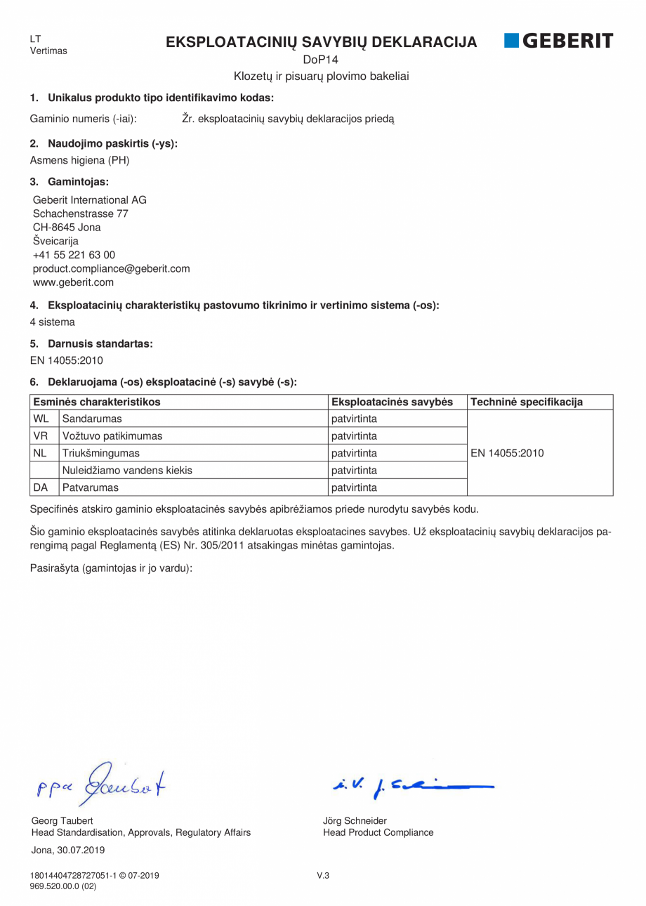 Pagina 13-Declaratie de performanta - rezervoare incastrate GEBERIT Delta, Sigma 12 , Omega, Duofix,  Sigma 8 ...