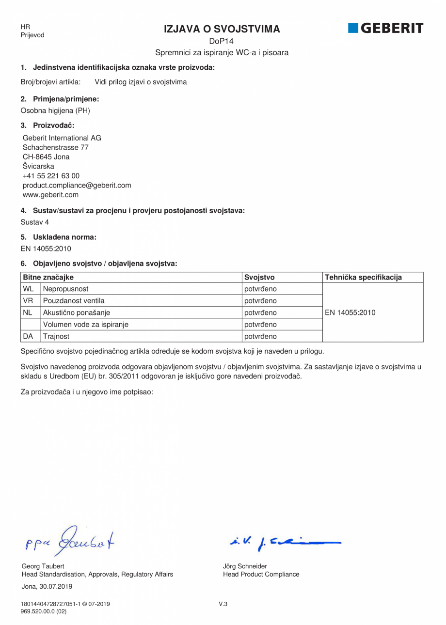 Pagina 22-Declaratie de performanta - rezervoare incastrate GEBERIT Delta, Sigma 12 , Omega, Duofix,  Sigma 8 ...