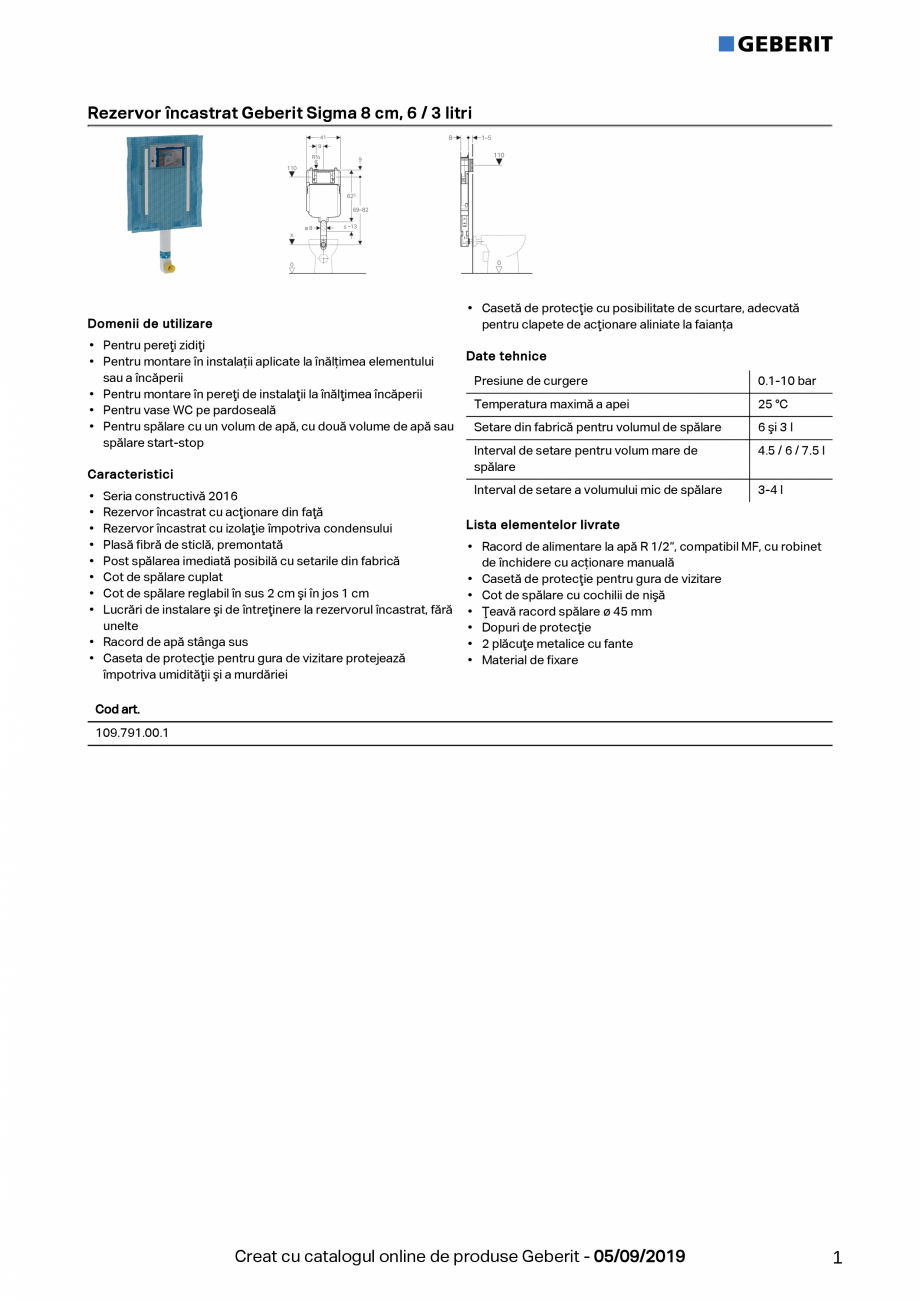 Pagina 1-Rezervor încastrat Geberit Sigma 8 cm, 6/3 litri GEBERIT Fisa tehnica Romana Rezervor...