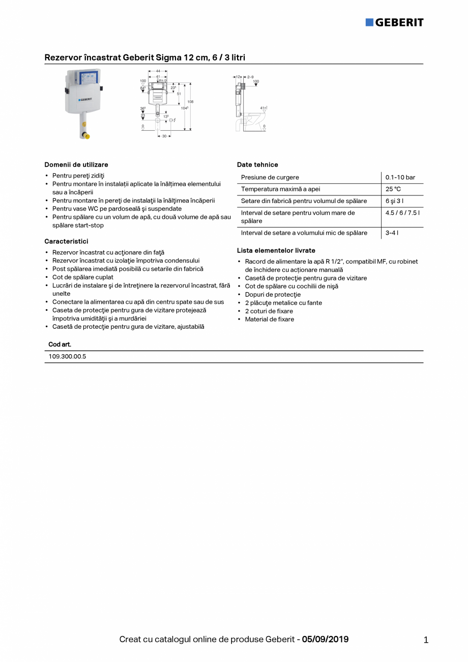 Pagina 1-Rezervor incastrat Geberit Sigma 12 cm, 6/3 litri GEBERIT Fisa tehnica Romana Rezervor încastrat...
