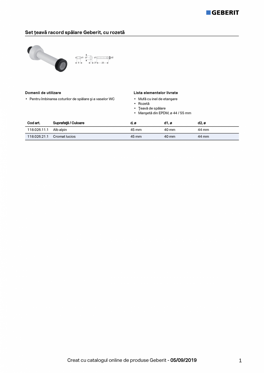 Pagina 1-Set teava racord spalare Geberit, cu rozeta GEBERIT Fisa tehnica Romana Set ţeavă racord spălare ...
