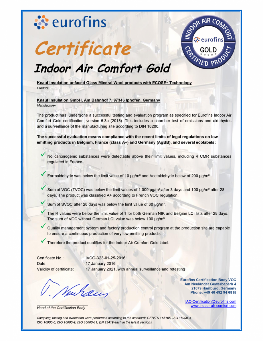 Pagina 1-Certificare Eurofins - pentru vata minerala de sticla cu tehnologia ECOSE® KNAUF INSULATION...