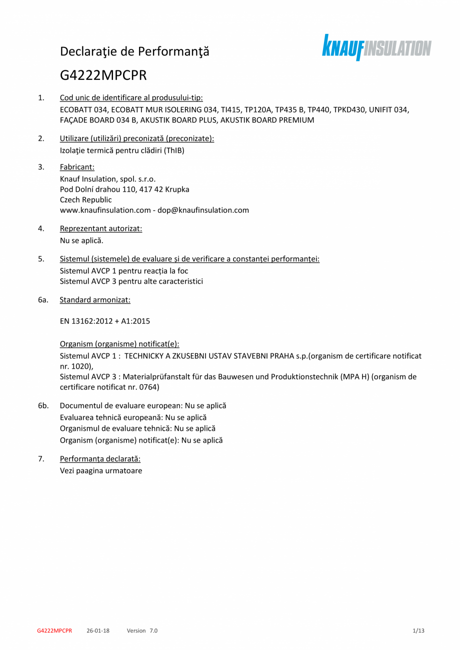 Pagina 1-Declaratie de performanta pentru vata minerala de sticla cu tehnologie ECOSE® KNAUF INSULATION...