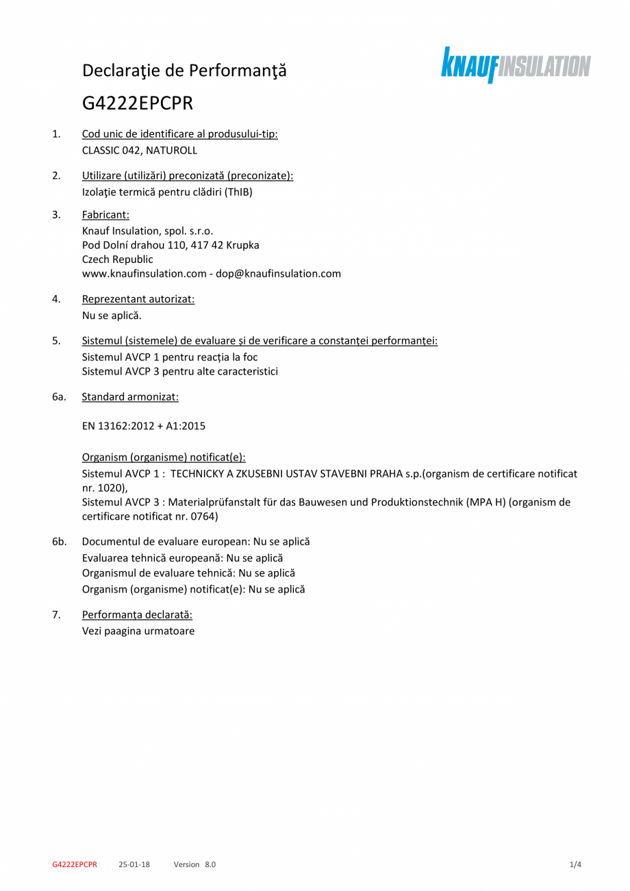 Pagina 1-Declaratie de performanta pentru vata minerala de sticla cu tehnologia ECOSE® KNAUF INSULATION...