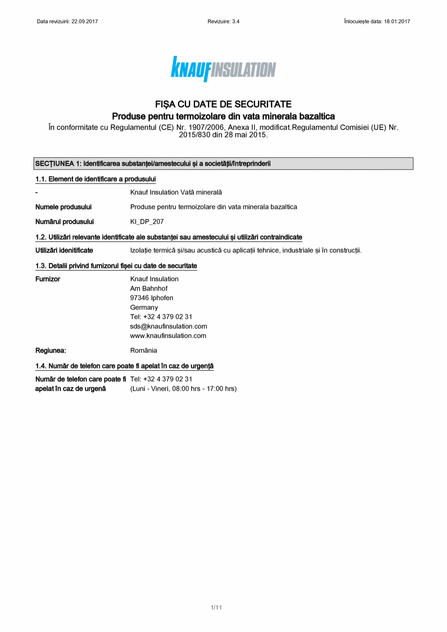 Pagina 1-Certificare SDS - Fisa cu date de securitate -produse pentru termoizolare din vata minerala...