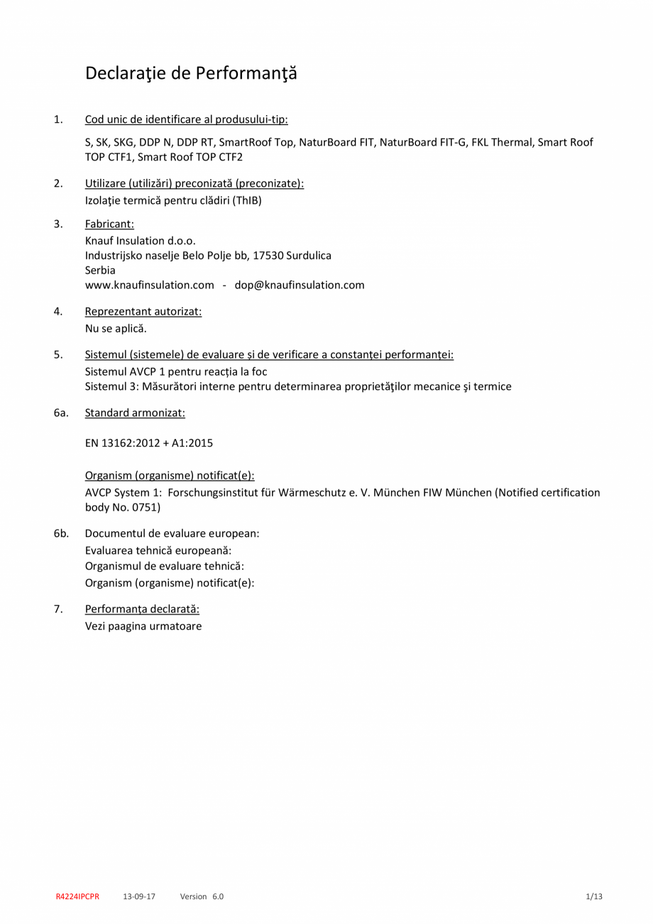 Pagina 1-Declaratie de performanta pentru vata minerala bazaltica KNAUF INSULATION Smart Roof Top Certificare...