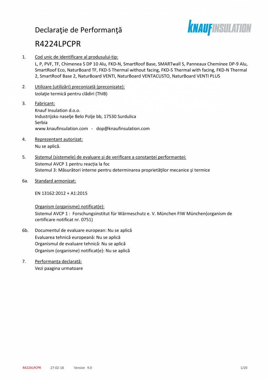 Pagina 1-Declaratie de performanta pentru vata minerala bazaltica KNAUF INSULATION Smart Roof Base...