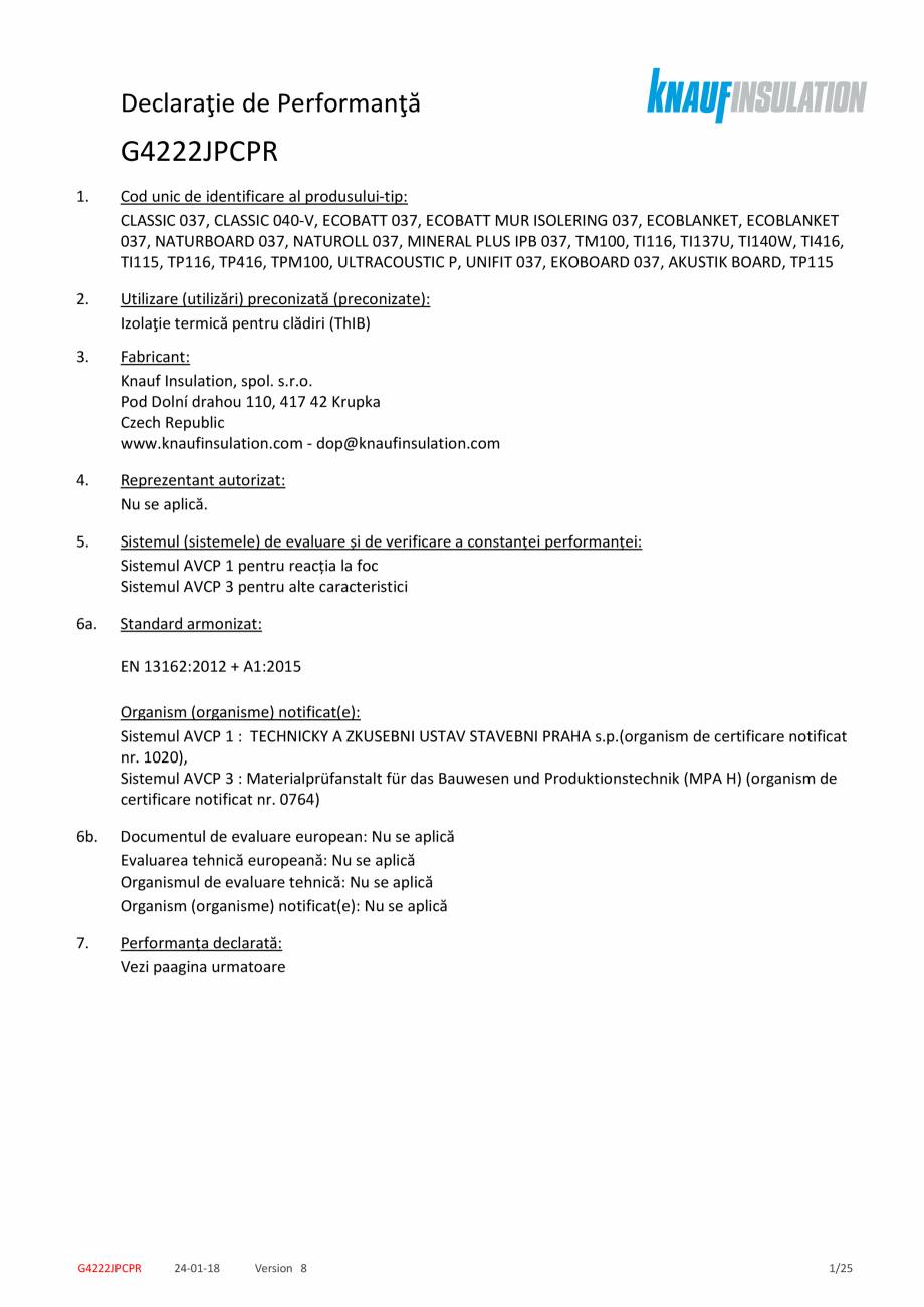 Pagina 1-Declaratie de performanta pentru vata minerala de sticla KNAUF INSULATION MPN PLUS 037 Certificare...