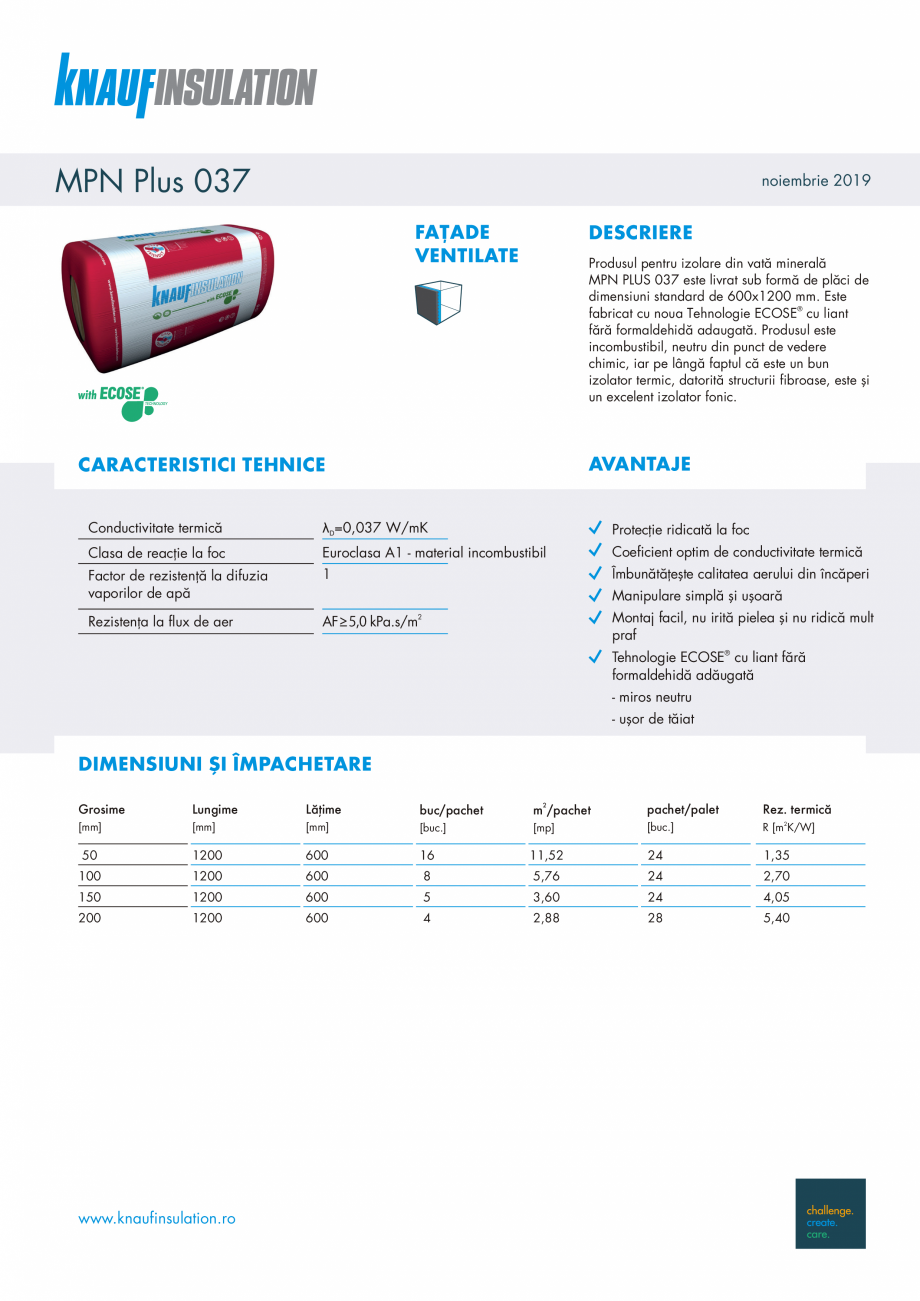 Pagina 1-Vata minerala de sticla pentru fatade ventilate KNAUF INSULATION MPN PLUS 037 Fisa tehnica Romana...