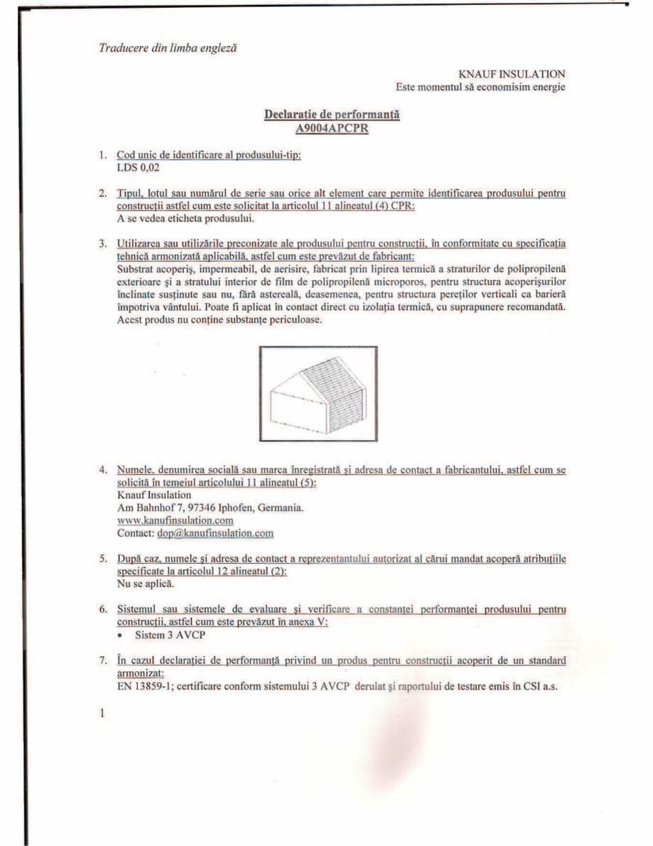 Pagina 1-Declaratie de performanta pentru membrana hidroizolanta - permeabila la vapori  KNAUF INSULATION LDS...