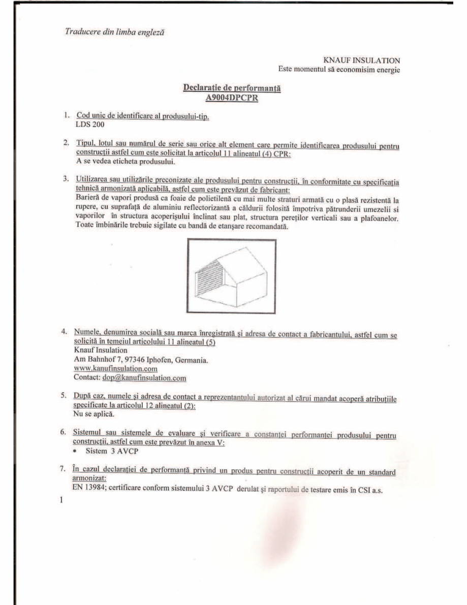 Pagina 1-Declaratie de performanta pentru bariera de vapori la interior, cu strat de aluminiu pentru...