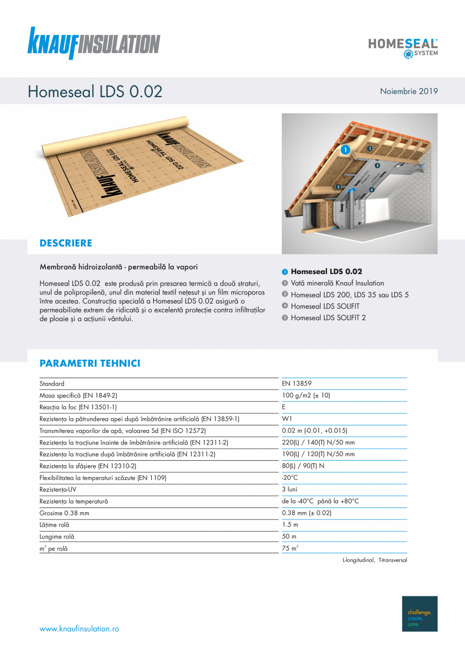 Pagina 1-Membrana hidroizolanta - permeabila la vapori KNAUF INSULATION LDS 0.02 Fisa tehnica Romana Homeseal...