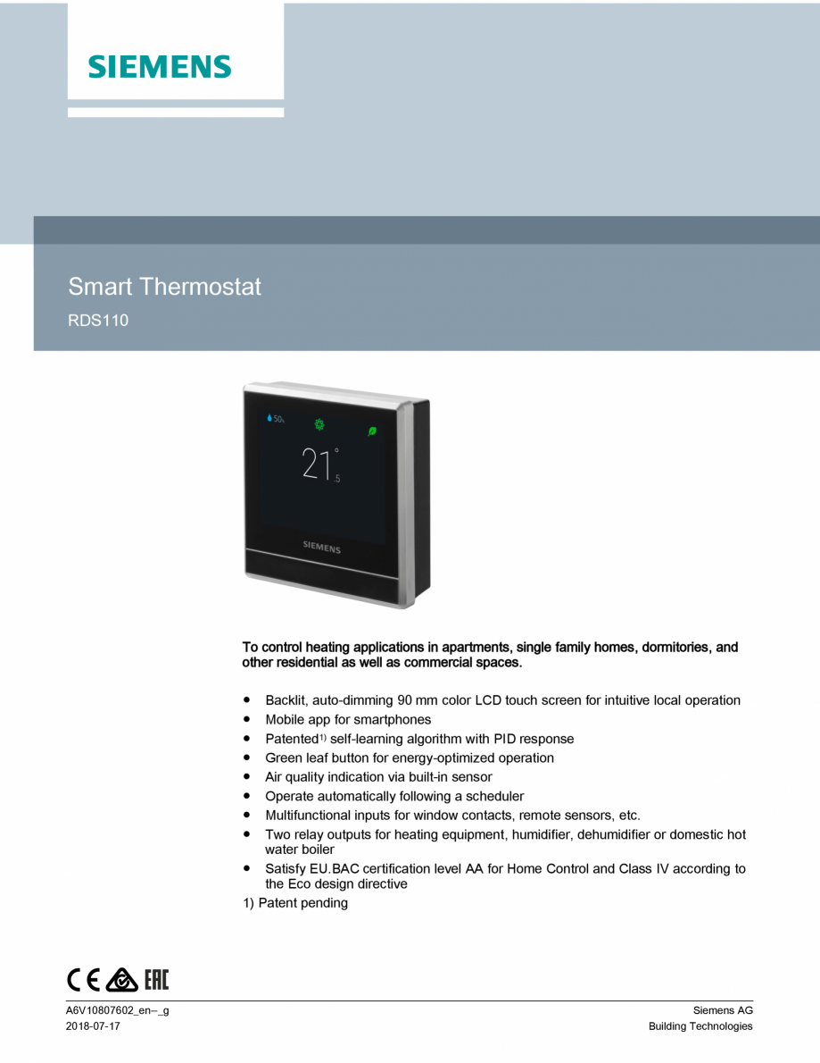 Pagina 1 - Cronotermostat inteligent SIEMENS RDS110 Fisa tehnica Engleza Smart Thermostat
RDS110

To...