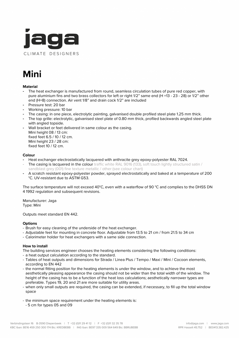 Pagina 1-Calorifere de plinta - informatii aditionale JAGA MINI Wall, MINI Free Standing / DBE Fisa tehnica...