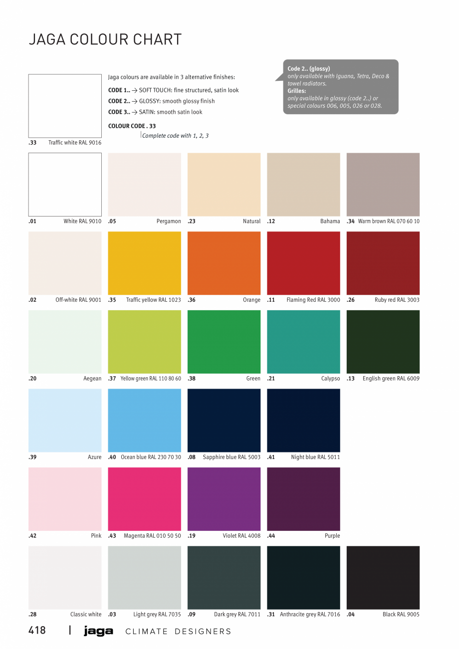 Pagina 1-Paletar culori JAGA CLIMA CANAL, CANAL COMPACT, MINI CANAL, CANAL PLUS, MINI Wall, MINI Free...