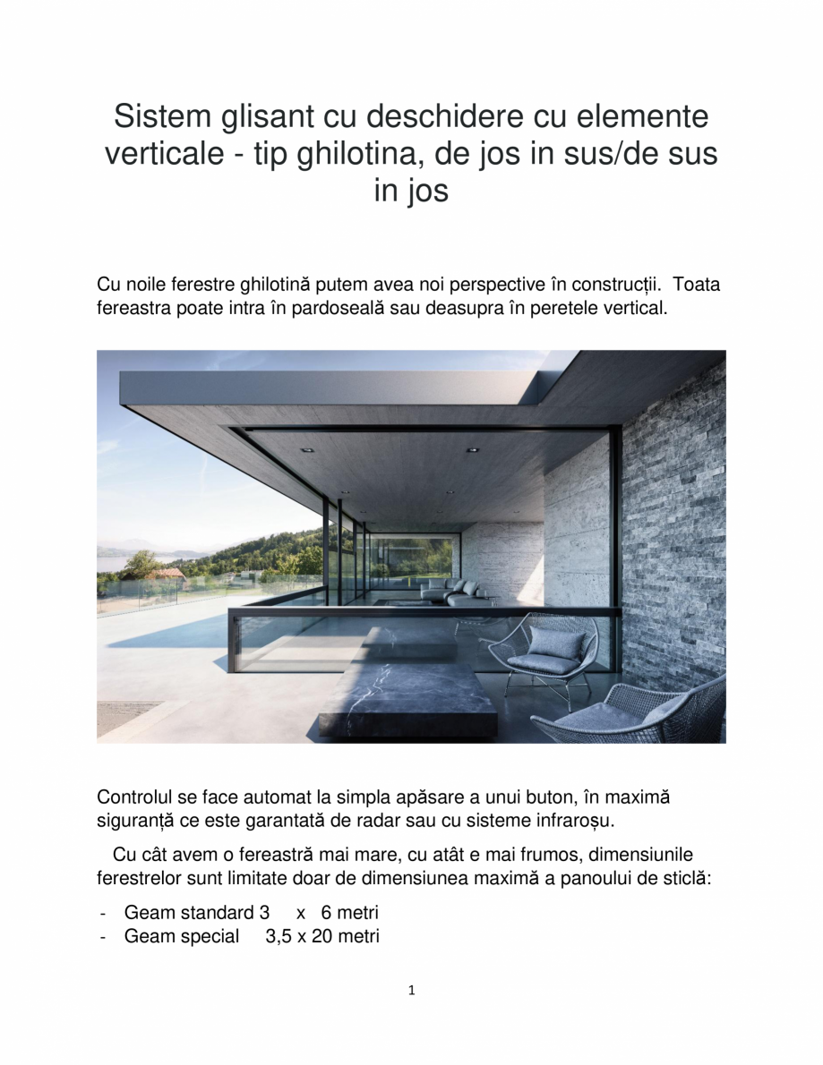 Pagina 1-Sistem glisant cu deschidere cu elemente verticale - tip ghilotina, de jos in sus/de sus in jos...