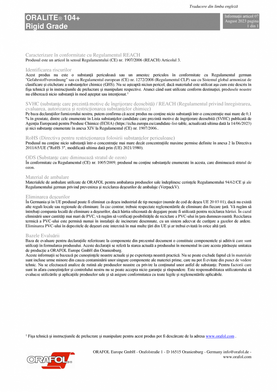 Pagina 1-Banda adeziva reflectorizanta ALGERNON ORALITE VC 104+ Rigid Grade  Specificații tehnice Romana...