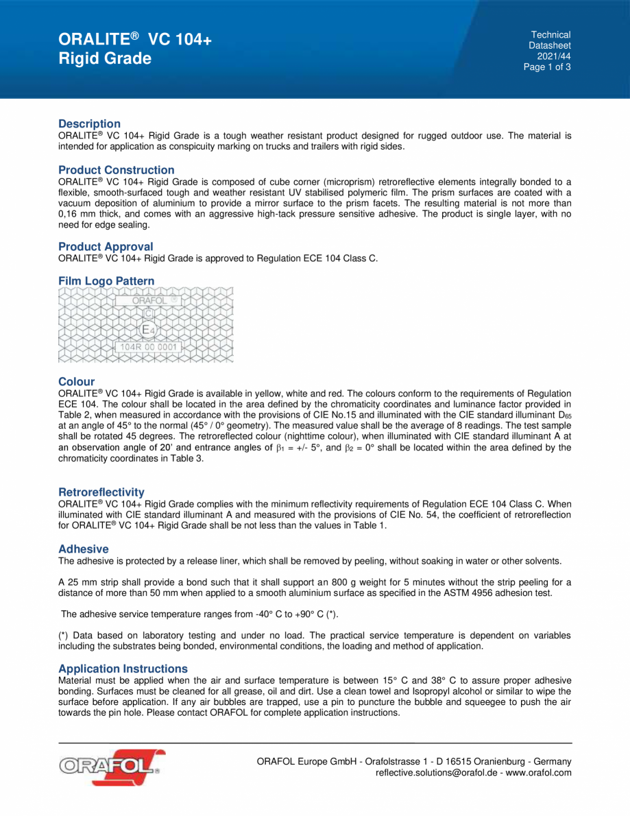 Pagina 1-Banda adeziva reflectorizanta ALGERNON ORALITE VC 104+ Rigid Grade  Fisa tehnica Engleza Technical...