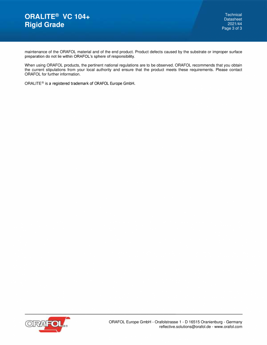 Pagina 3-Banda adeziva reflectorizanta ALGERNON ORALITE VC 104+ Rigid Grade  Fisa tehnica Engleza C 104+...