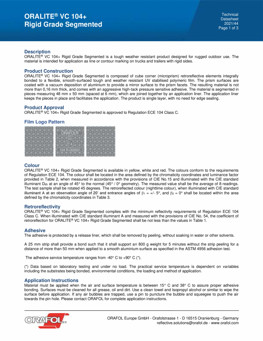 Pagina 1-Banda reflectorizanta segmentata pentru suprafetele rigide ALGERNON ORALITE VC 104+ Rigid Grade...