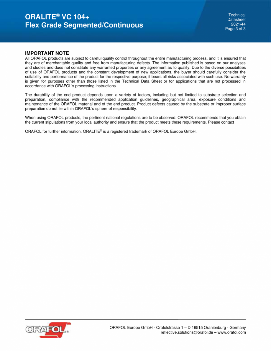 Pagina 3 - Banda adeziva reflectorizanta continua ALGERNON ORALITE VC 104+ Flex Grade Fisa tehnica...