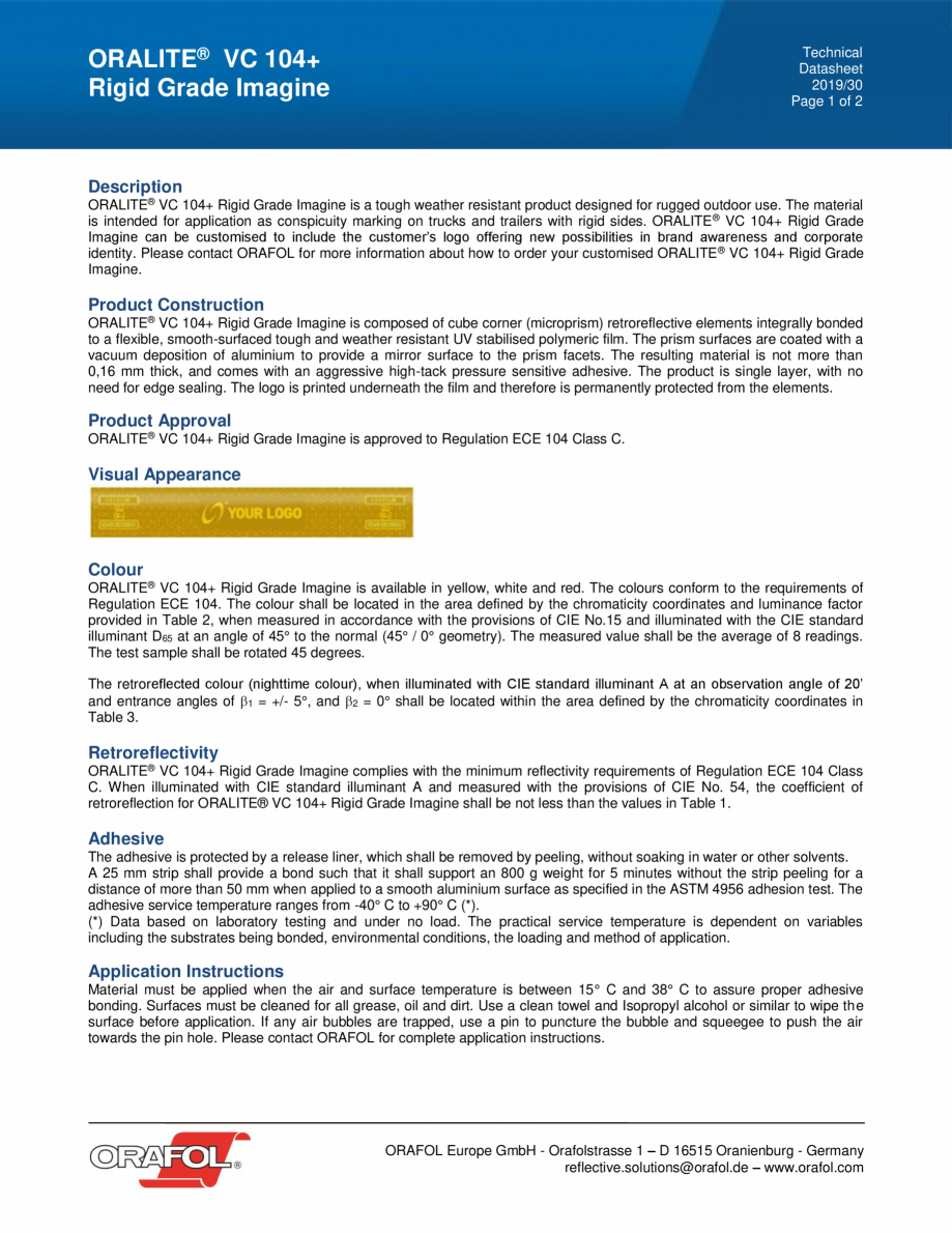 Pagina 1-Banda adeziva reflectorizanta personalizabila pentru suprafete rigide ALGERNON ORALITE VC 104+ Rigid...