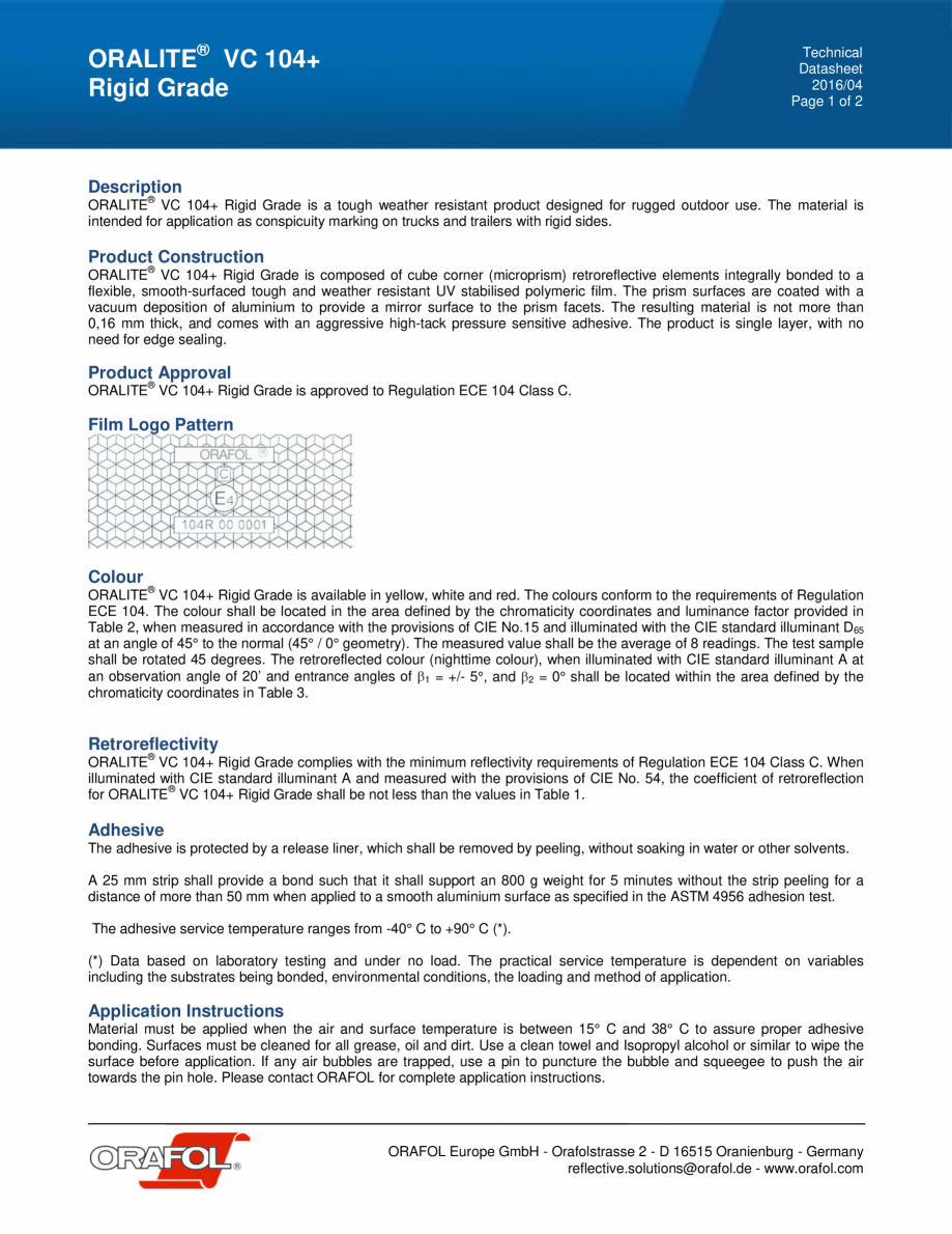 Pagina 1-Banda reflectorizanta pentru evidentierea cisternelor ALGERNON ORALITE VC 104+ Tanker Stickers Fisa ...