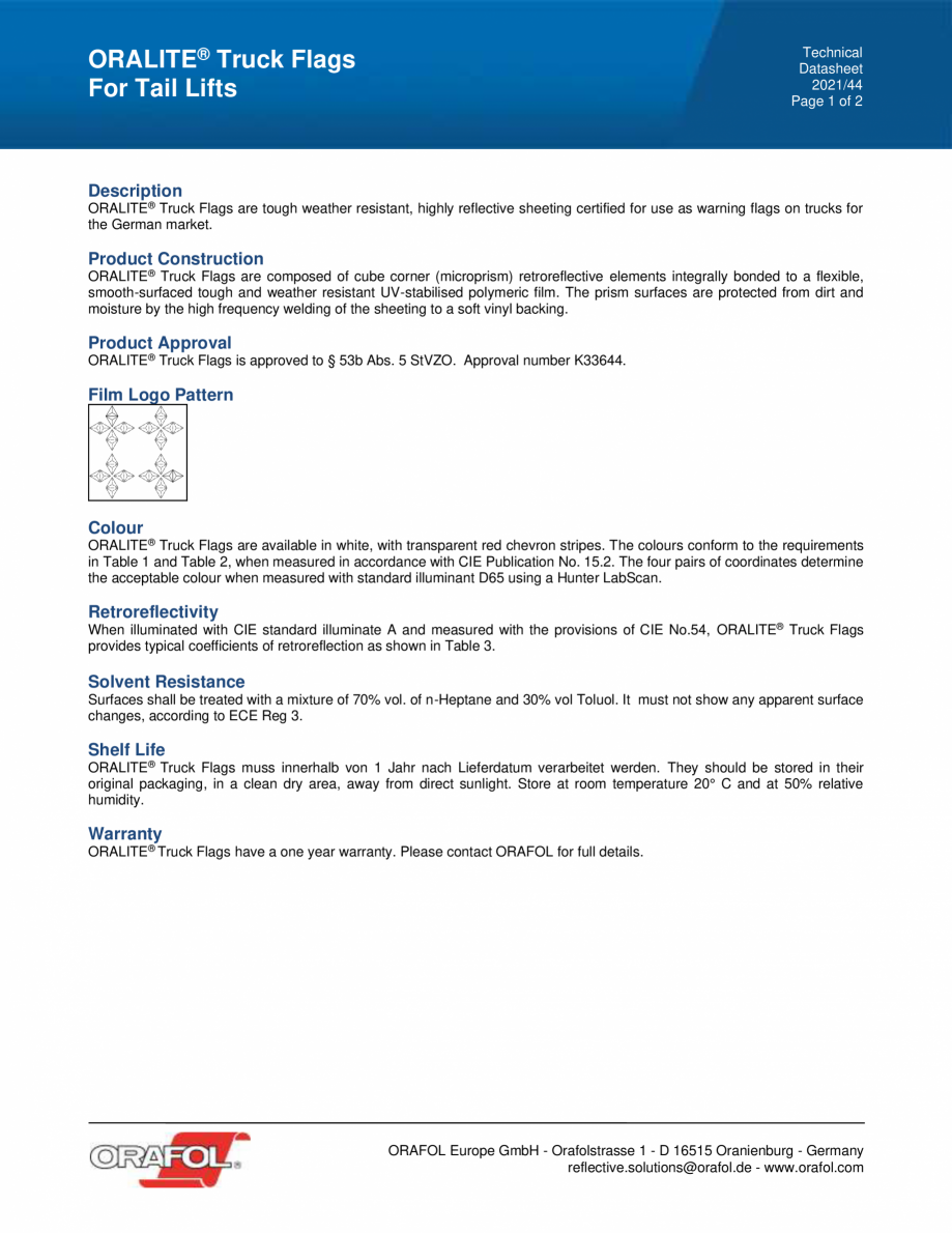 Pagina 1-Steaguri reflectorizante pentru marcajul camioanelor ALGERNON ORALITE Truck Flags Fisa tehnica...