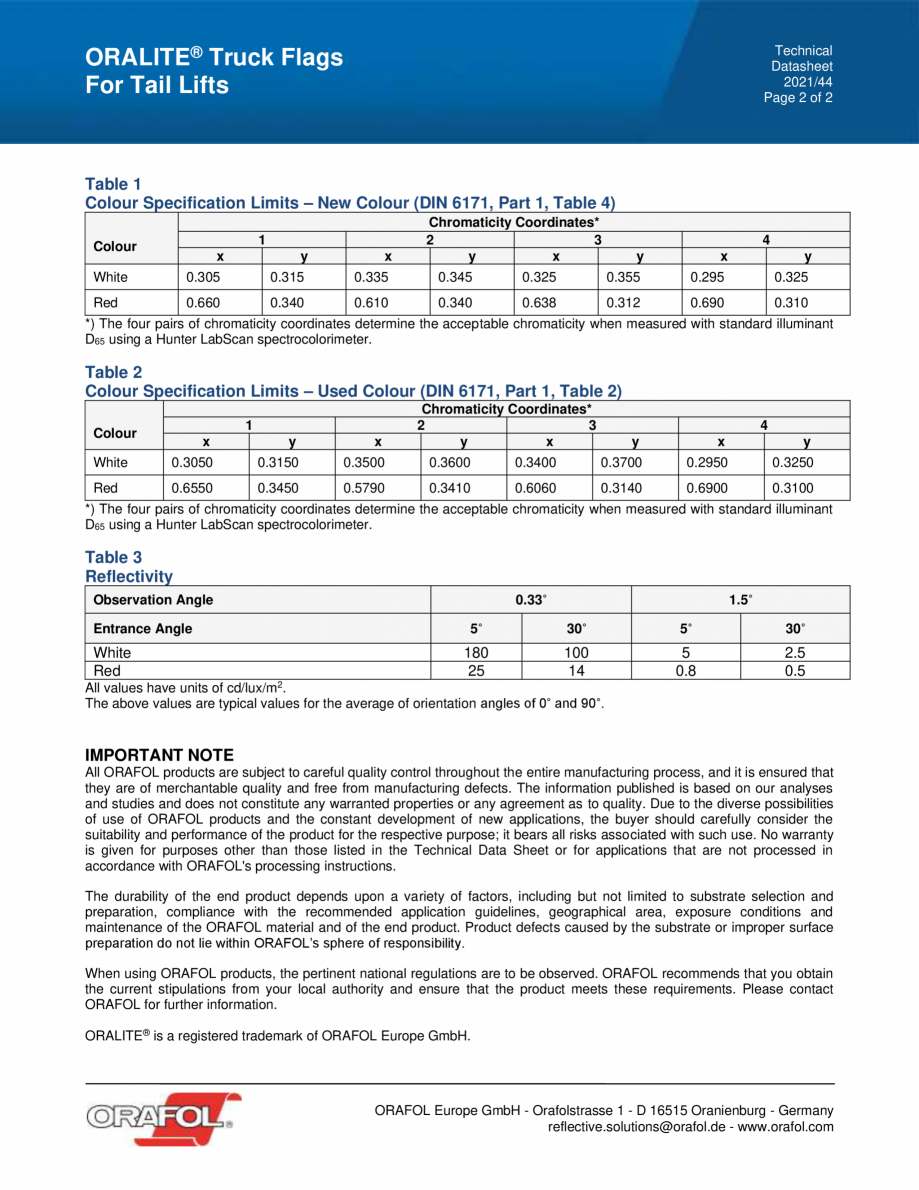 Pagina 2-Steaguri reflectorizante pentru marcajul camioanelor ALGERNON ORALITE Truck Flags Fisa tehnica...
